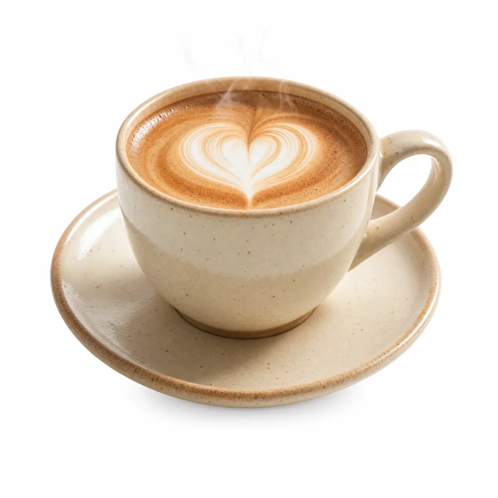 Cappuccino mit Latte-Art-Herz in handgemachter Keramiktasse